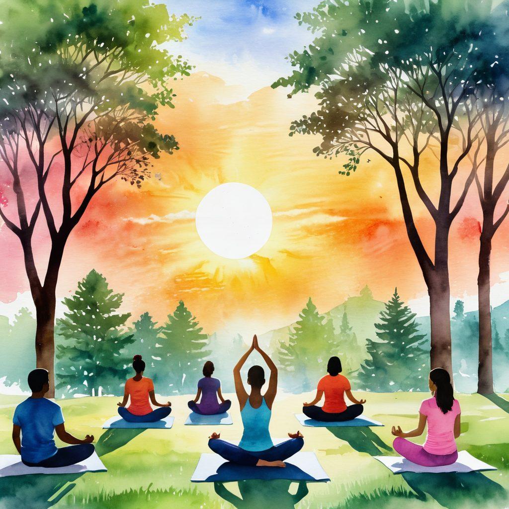 A serene landscape showcasing a diverse group of people engaging in holistic cancer care practices, such as yoga, meditation, and nutrition workshops. Include symbolic elements like a sunrise representing hope and vibrancy, and trees symbolizing growth and nurturing. The atmosphere should feel peaceful and supportive, emphasizing community and wellness. colorful watercolor style. uplifting and bright colors.