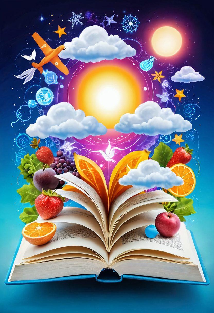 A vibrant, open book with glowing pages, filled with illustrations of diverse cancer cells and healthy cells merging together under a bright light. Surround it with symbols of wellness like yoga poses, fruits, and medical icons, symbolizing hope and education. In the background, a serene landscape highlighting a hospital, vibrant blue skies, and soft clouds. This represents enlightenment and resourcefulness in cancer education. super-realistic. vibrant colors. white background.