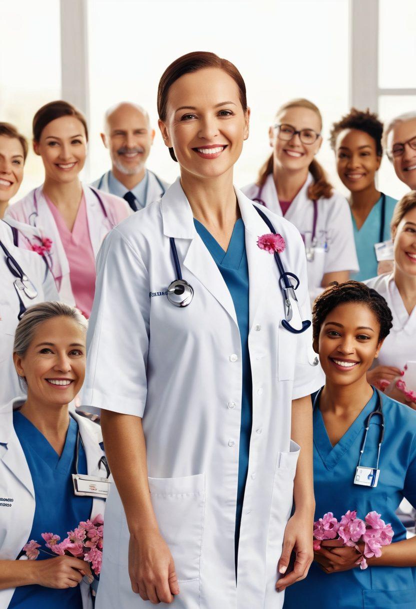 A strong, diverse group of cancer survivors smiling confidently, surrounded by symbols of hope like ribbons and flowers. In the background, a sunlit hospital with medical professionals providing care and support. Include graphical elements illustrating prevention tips, like healthy foods and exercise. The overall mood is uplifting and empowering. super-realistic. vibrant colors. white background.